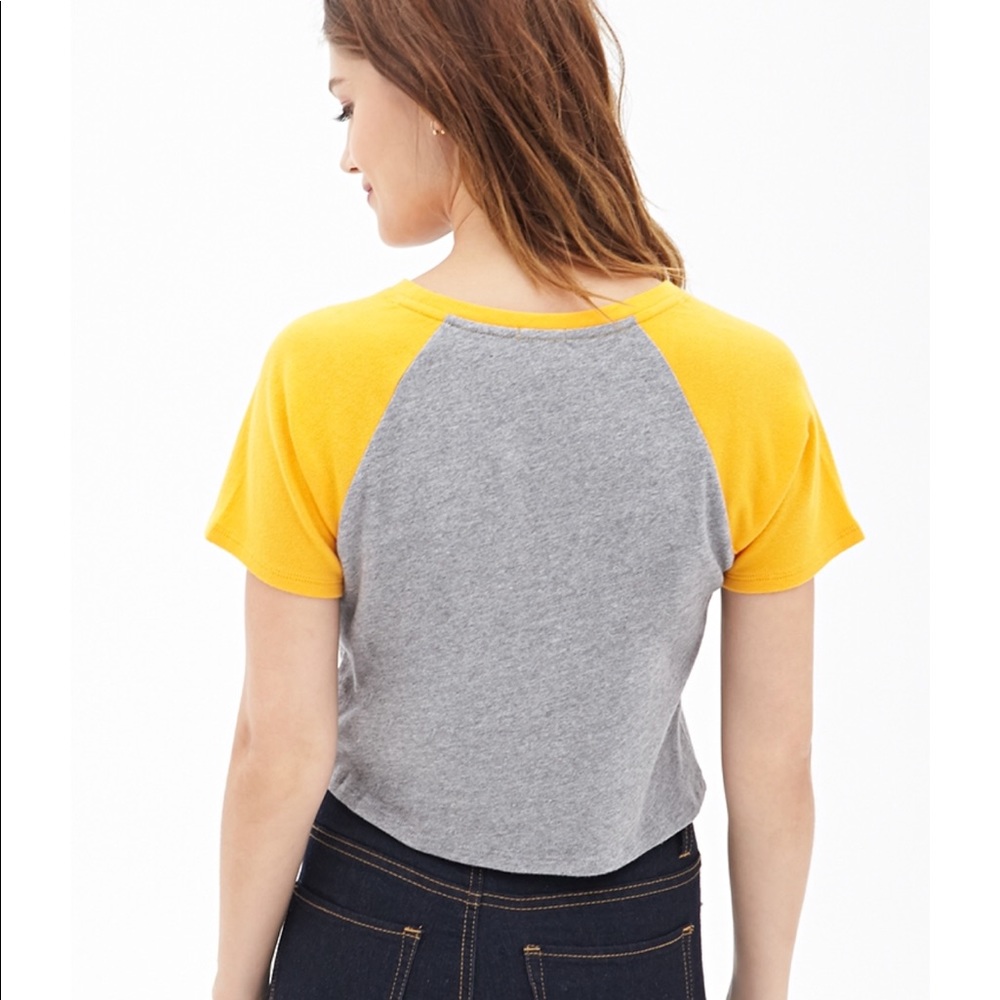 Forever 21 I Woke Up Like This Grey & Yellow Ringer Short Sleeve Crop Top - Picture 2 of 6